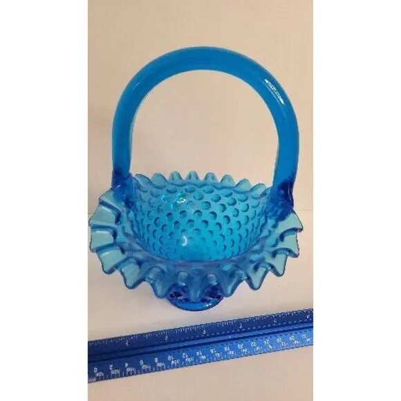 Vintage Fenton Colonial Blue Hobnail‎ Glass Basket Ruffled Edge ~ 7.25" - Picture 8 of 8